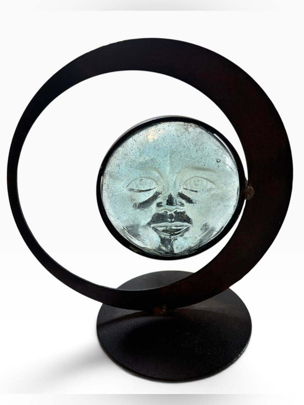 Vintage Sun Moon Clear Glass Face Candle Holder Brutalist Wrought Iron Crescent